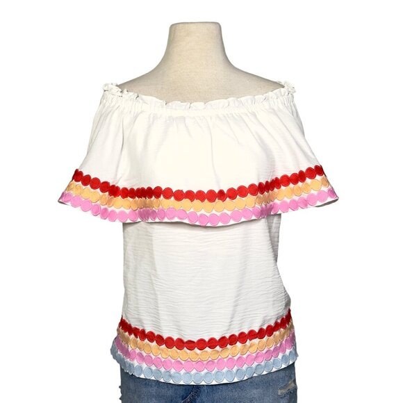 Morgan Claire Multi White Off Shoulder Ric-Rac Trimmed Ruffled Tiered Top Size S - Picture 1 of 10